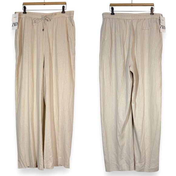 Zara Linen Wide Leg Drawstring Pants Beige Neutral Vacation Beach XL - Picture 3 of 13